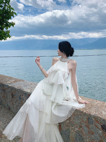 A Line Ivory Layered Wedding Dress Chiffon Holiday Dress  P1306