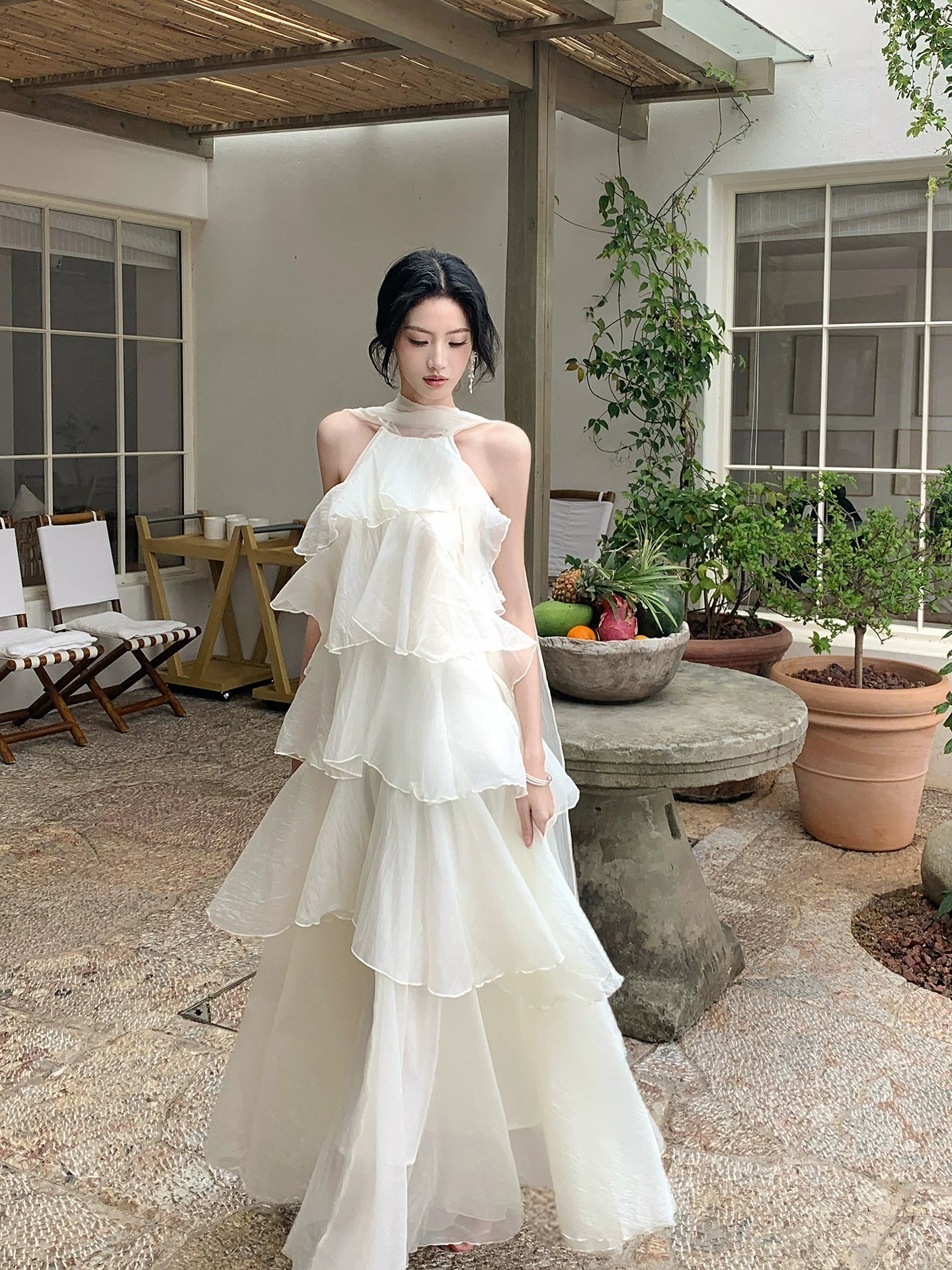 A Line Ivory Layered Wedding Dress Chiffon Holiday Dress  P1306