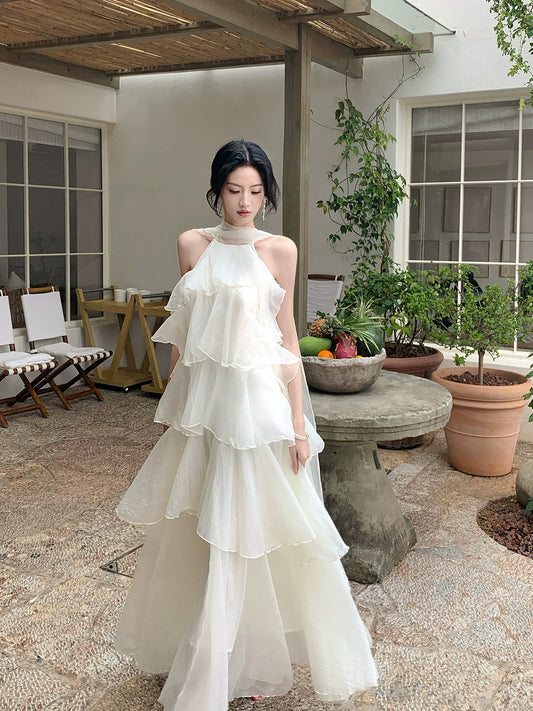 A Line Ivory Layered Wedding Dress Chiffon Holiday Dress  P1306