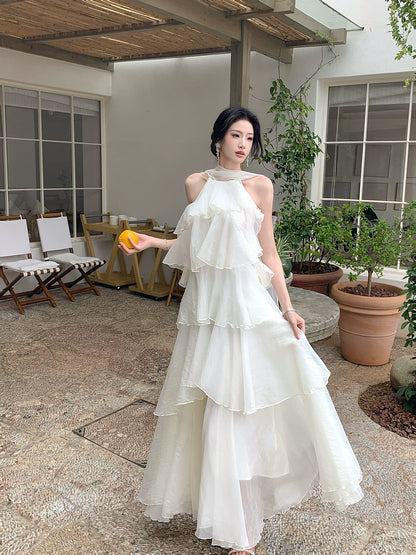 A Line Ivory Layered Wedding Dress Chiffon Holiday Dress  P1306