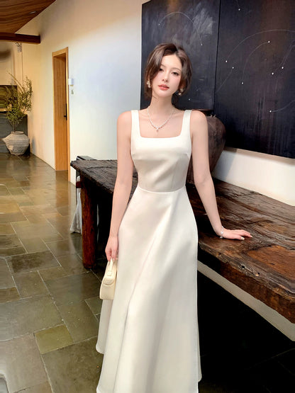A Line Ivory Satin Birthday Dress Elegant Wedding Dress  P1617