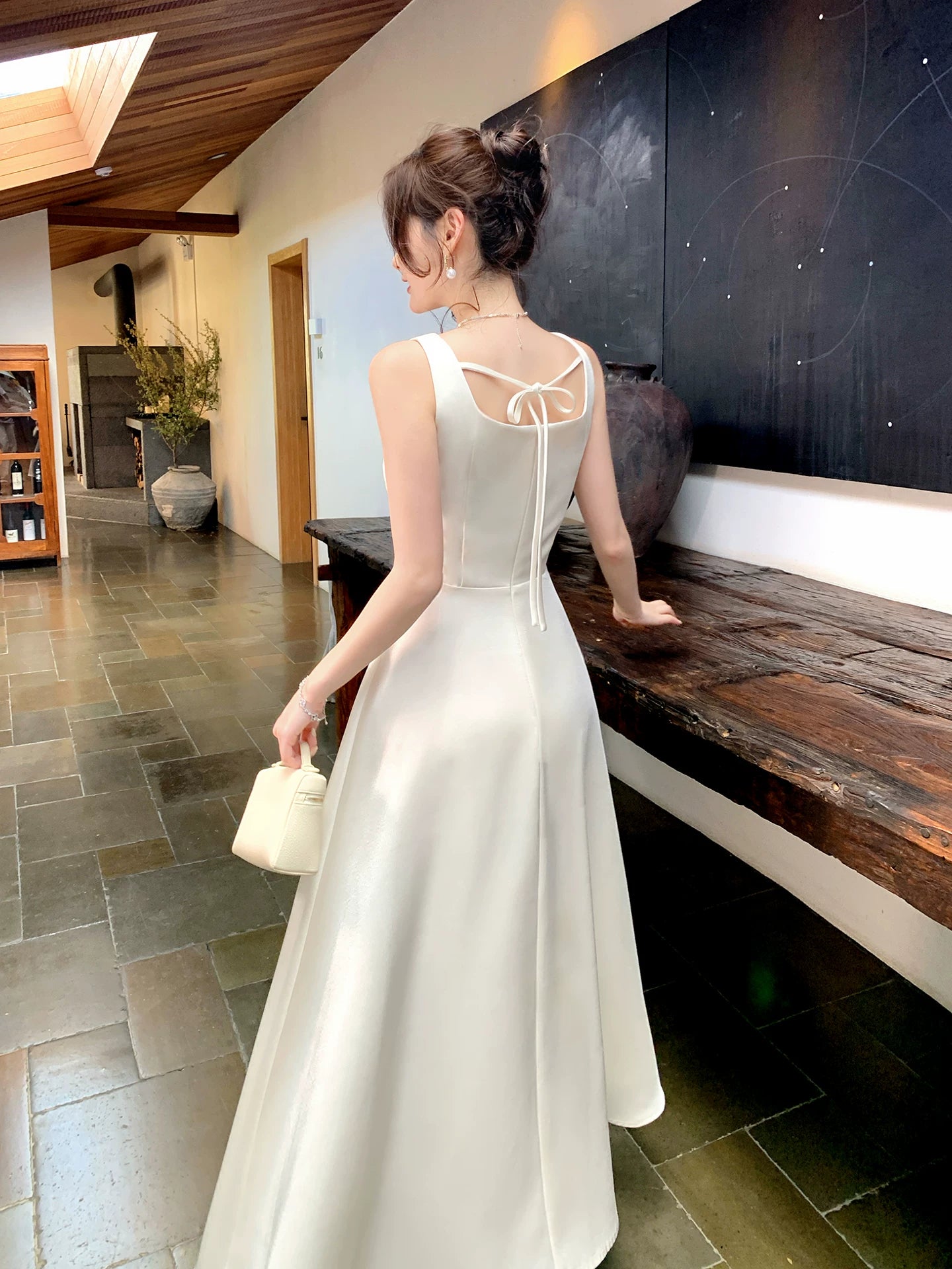 A Line Ivory Satin Birthday Dress Elegant Wedding Dress  P1617