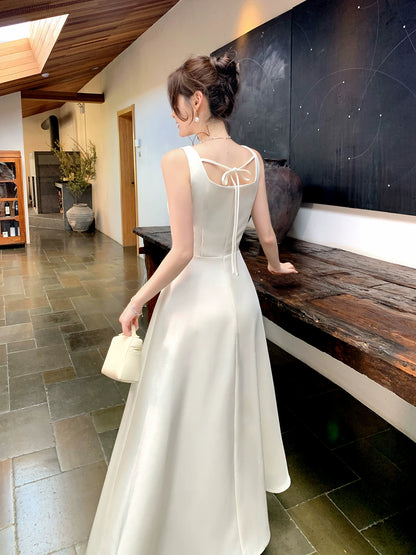 A Line Ivory Satin Birthday Dress Elegant Wedding Dress  P1617