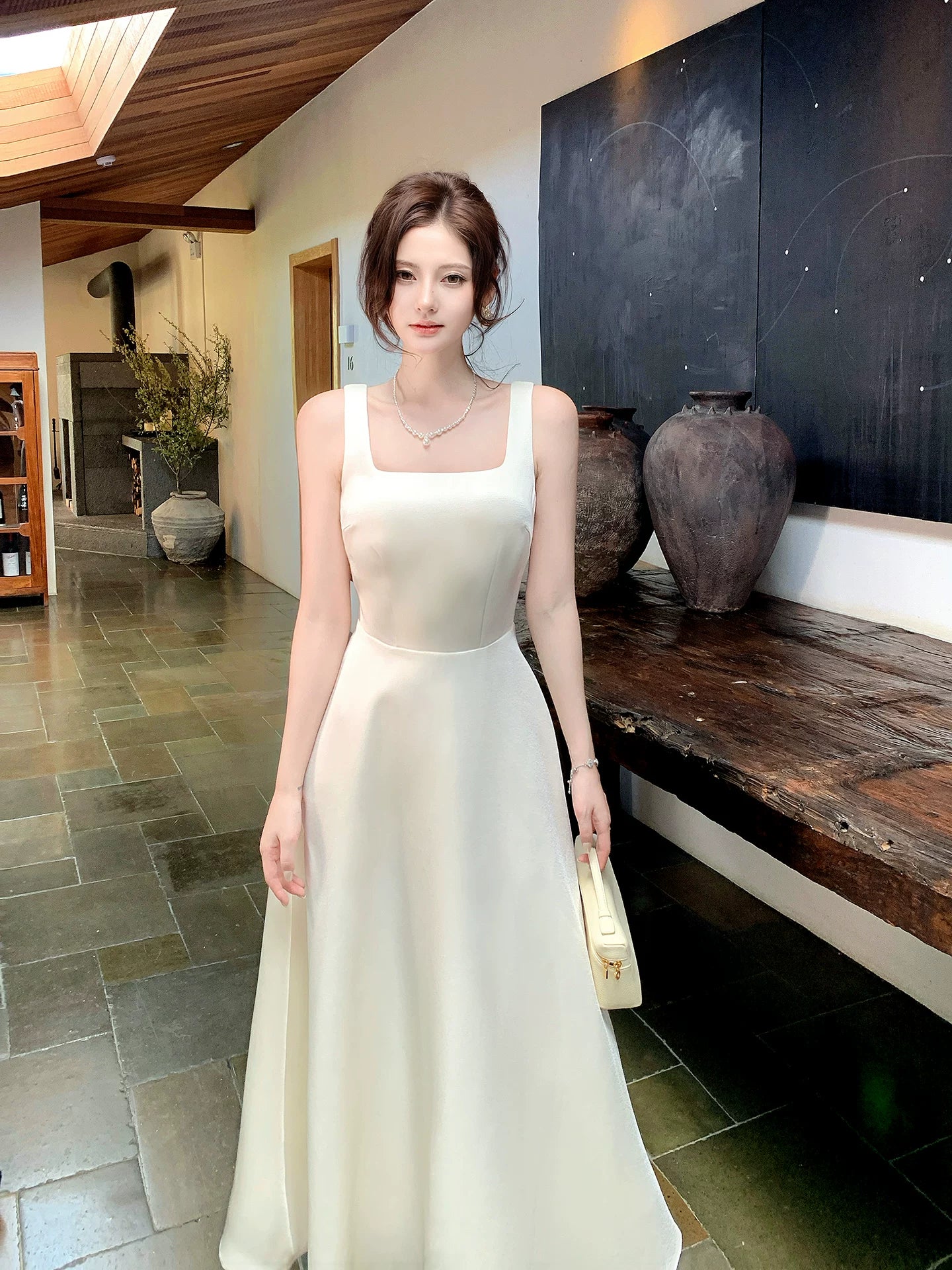 A Line Ivory Satin Birthday Dress Elegant Wedding Dress  P1617