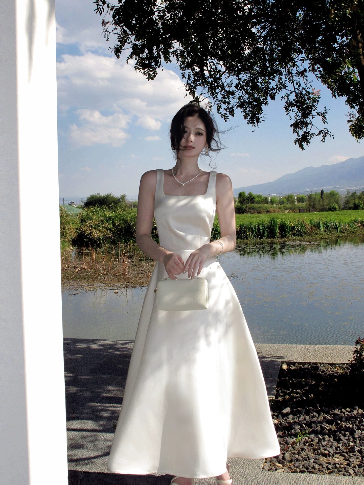 A Line Ivory Satin Birthday Dress Elegant Wedding Dress  P1617
