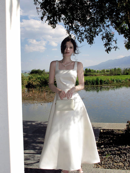 A Line Ivory Satin Birthday Dress Elegant Wedding Dress  P1617