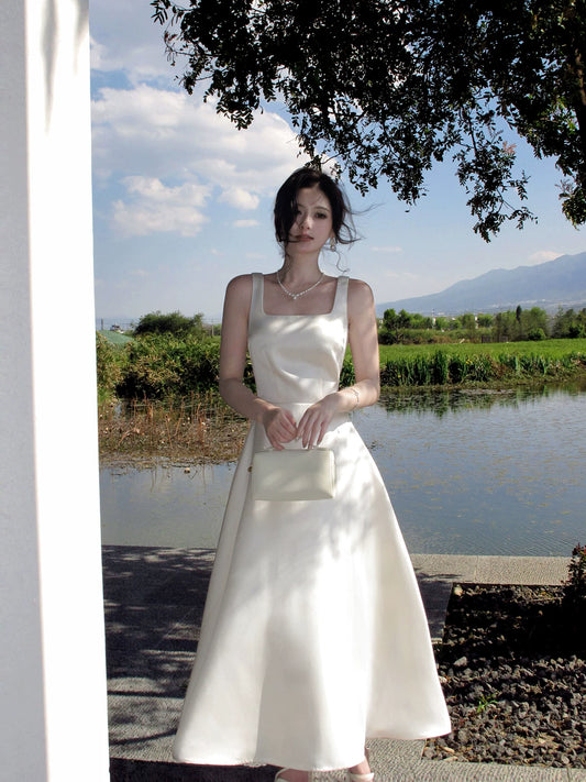 A Line Ivory Satin Birthday Dress Elegant Wedding Dress  P1617