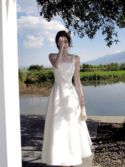 A Line Ivory Satin Birthday Dress Elegant Wedding Dress  P1617
