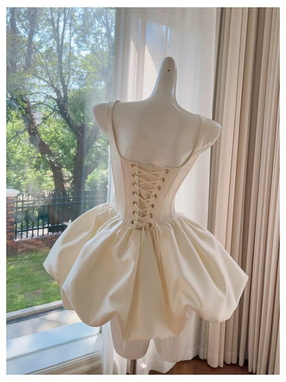 A Line Ivory Satin Birthday Dress Short Homecoming Dress  P1746