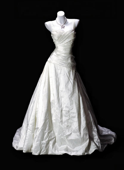 A Line Ivory Satin Retro Wedding Dress Formal Evening Dress  P1977