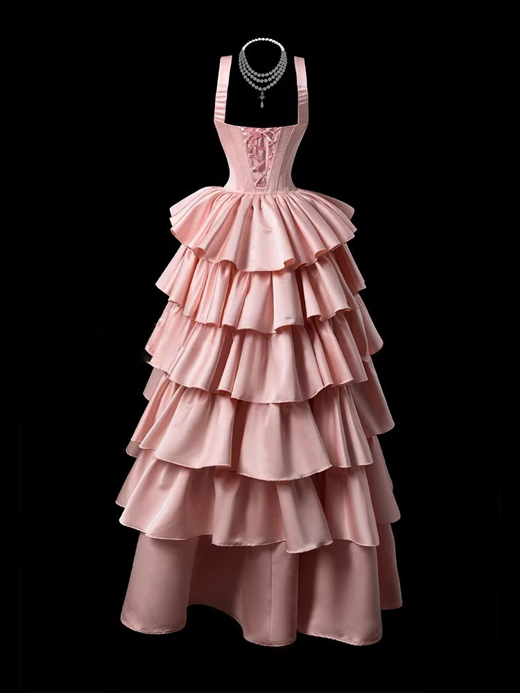 A Line Layered Pink Prom Dress Satin Sweet 16 Birthday Dress  P698