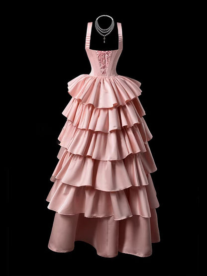 A Line Layered Pink Prom Dress Satin Sweet 16 Birthday Dress  P698