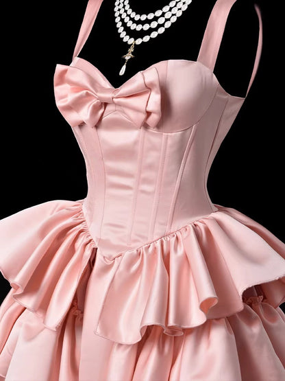 A Line Layered Pink Prom Dress Satin Sweet 16 Birthday Dress  P698