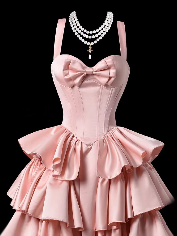 A Line Layered Pink Prom Dress Satin Sweet 16 Birthday Dress  P698