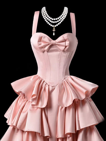 A Line Layered Pink Prom Dress Satin Sweet 16 Birthday Dress  P698