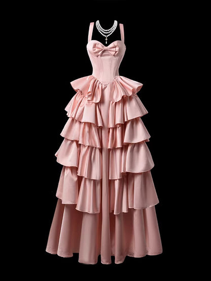 A Line Layered Pink Prom Dress Satin Sweet 16 Birthday Dress  P698