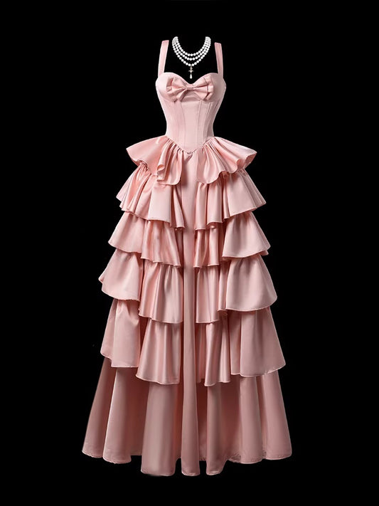 A Line Layered Pink Prom Dress Satin Sweet 16 Birthday Dress  P698