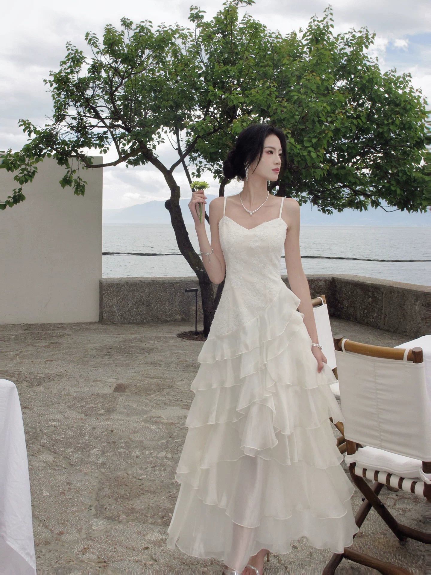 A Line Layered Wedding Dress Ruffled Evening Dress  P1280