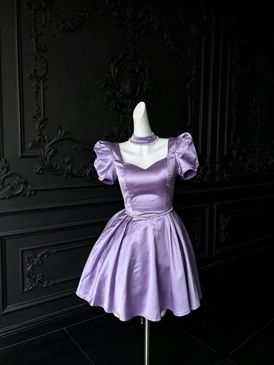 A Line Lilac Satin Homecoming Dress Homecoming Dress With Short Sleeves P1665