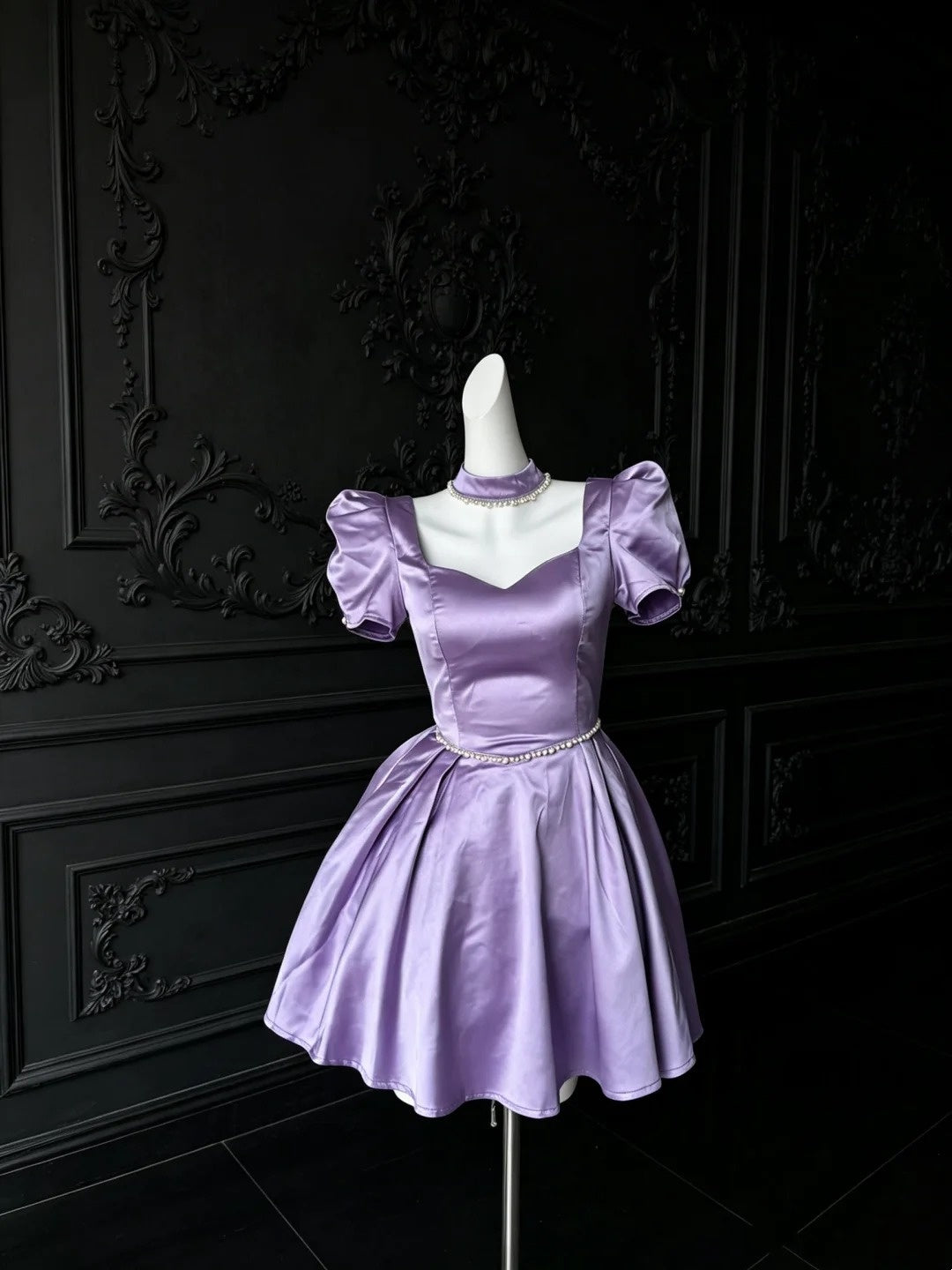A Line Lilac Satin Homecoming Dress Short Pearl Beaded Birthday Dress  P1700