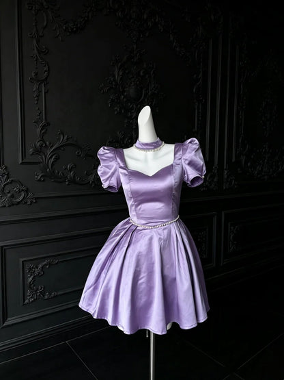 A Line Lilac Satin Homecoming Dress Short Pearl Beaded Birthday Dress  P1700