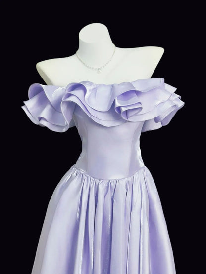 A Line Lilac Satin Prom Dress Ruffled Evening Dress  P1505