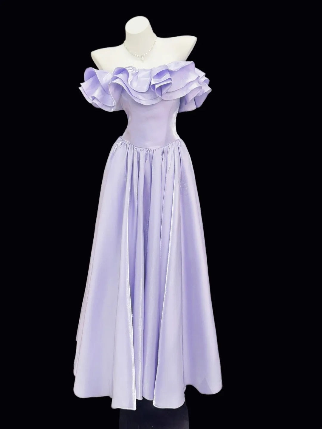 A Line Lilac Satin Prom Dress Ruffled Evening Dress  P1505