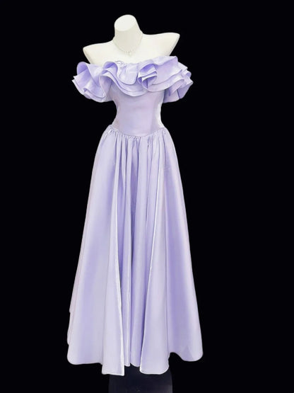 A Line Lilac Satin Prom Dress Ruffled Evening Dress  P1505