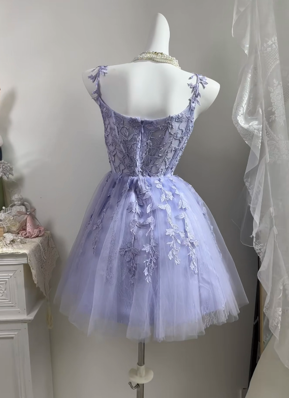 A Line Lilac Tulle Homecoming Dress A Line Party Dress With Appliques  P2031