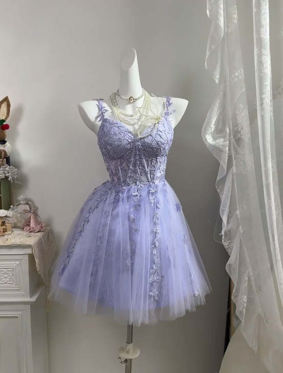 A Line Lilac Tulle Homecoming Dress A Line Party Dress With Appliques  P2031
