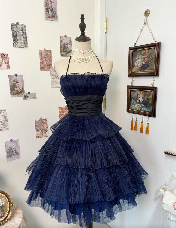 A Line Navy Blue Birthday Dress Pleated Short Homecoming Dress  P1447