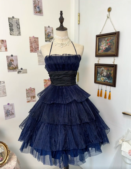 A Line Navy Blue Birthday Dress Pleated Short Homecoming Dress  P1447