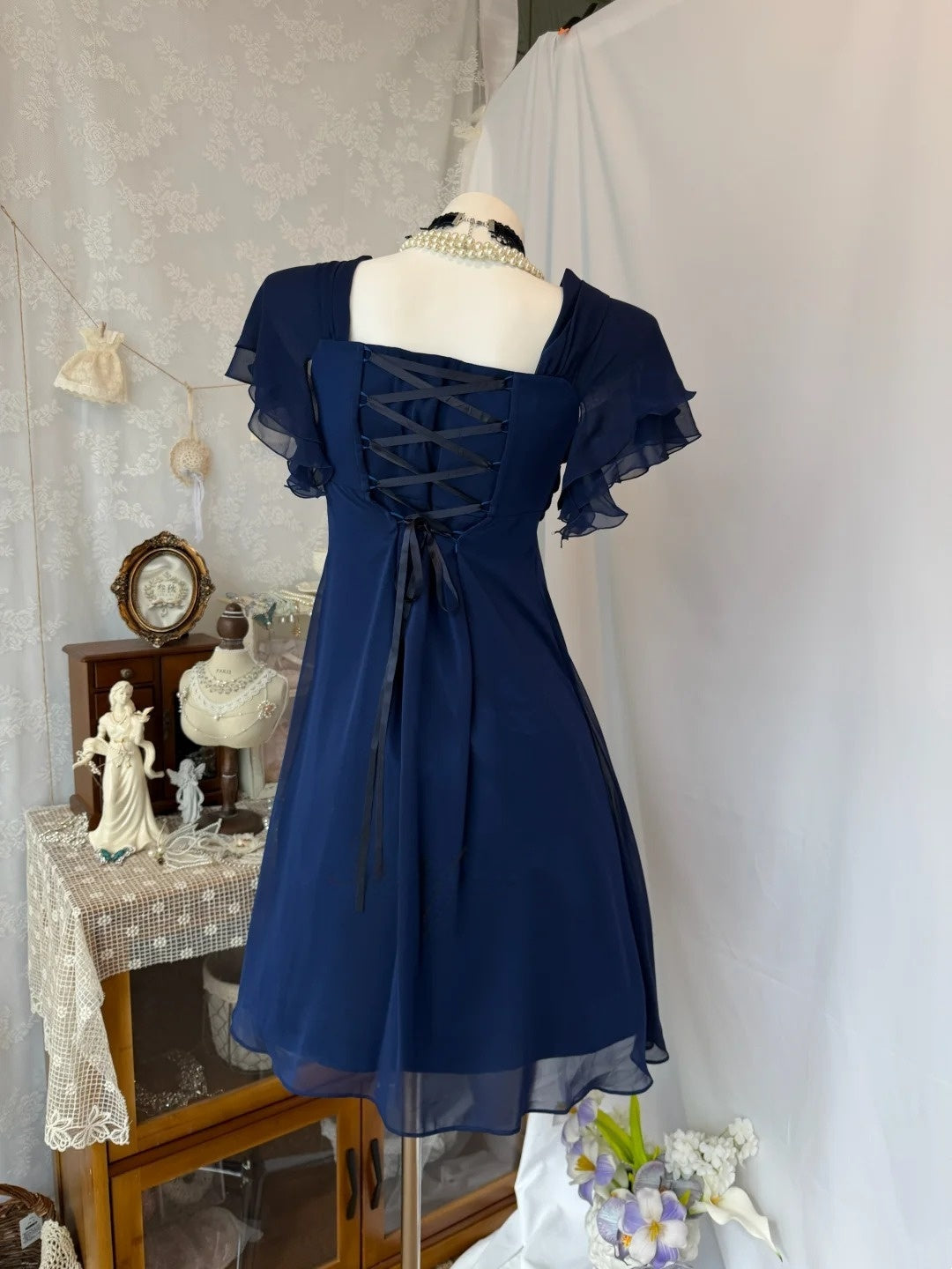 A Line Navy Blue Chiffon Homecoming Dress  P1512