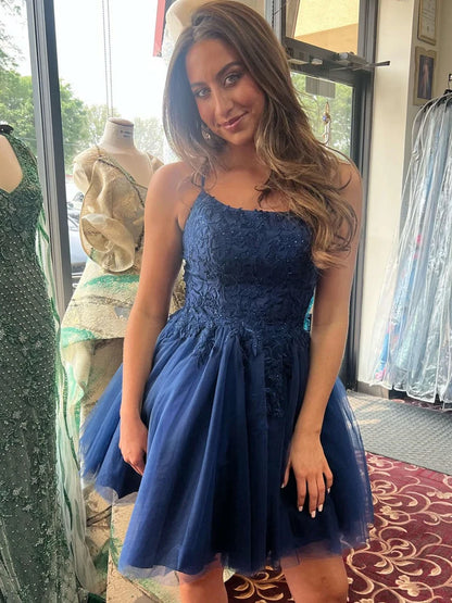 A Line Navy Blue Lace Homecoming Dresses  P2348