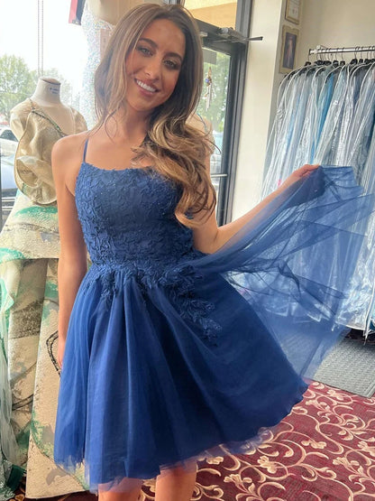 A Line Navy Blue Lace Homecoming Dresses  P2348