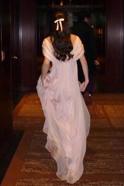 A Line Off The Shoulder Pink Long Prom Dress With Ruffles  P1077