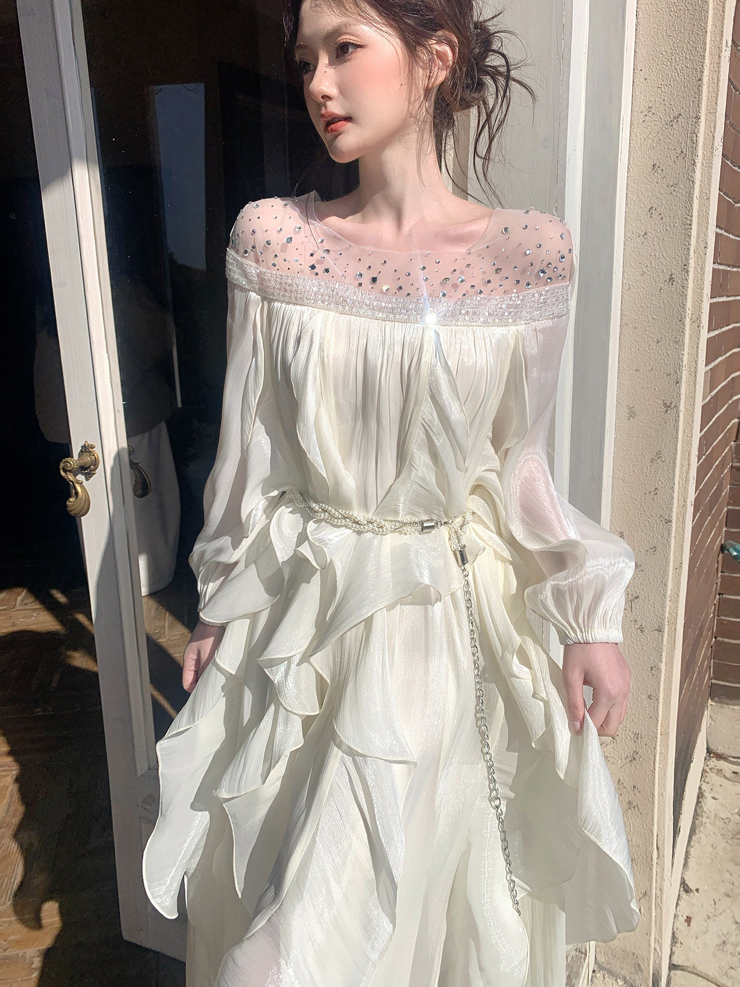 A Line Organza  Ruffled Dress  with Long Sleeves L47