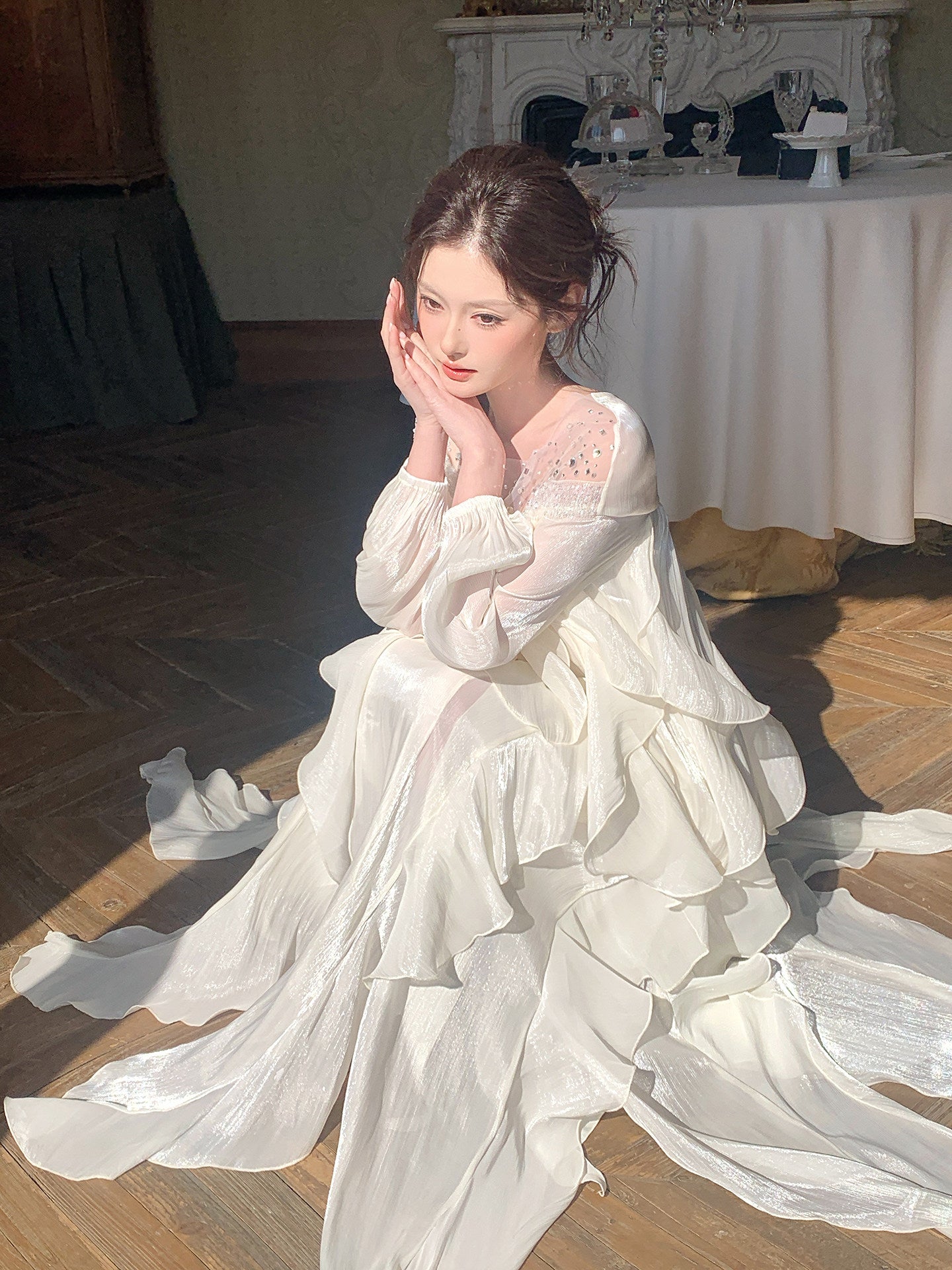 A Line Organza  Ruffled Dress  with Long Sleeves L47