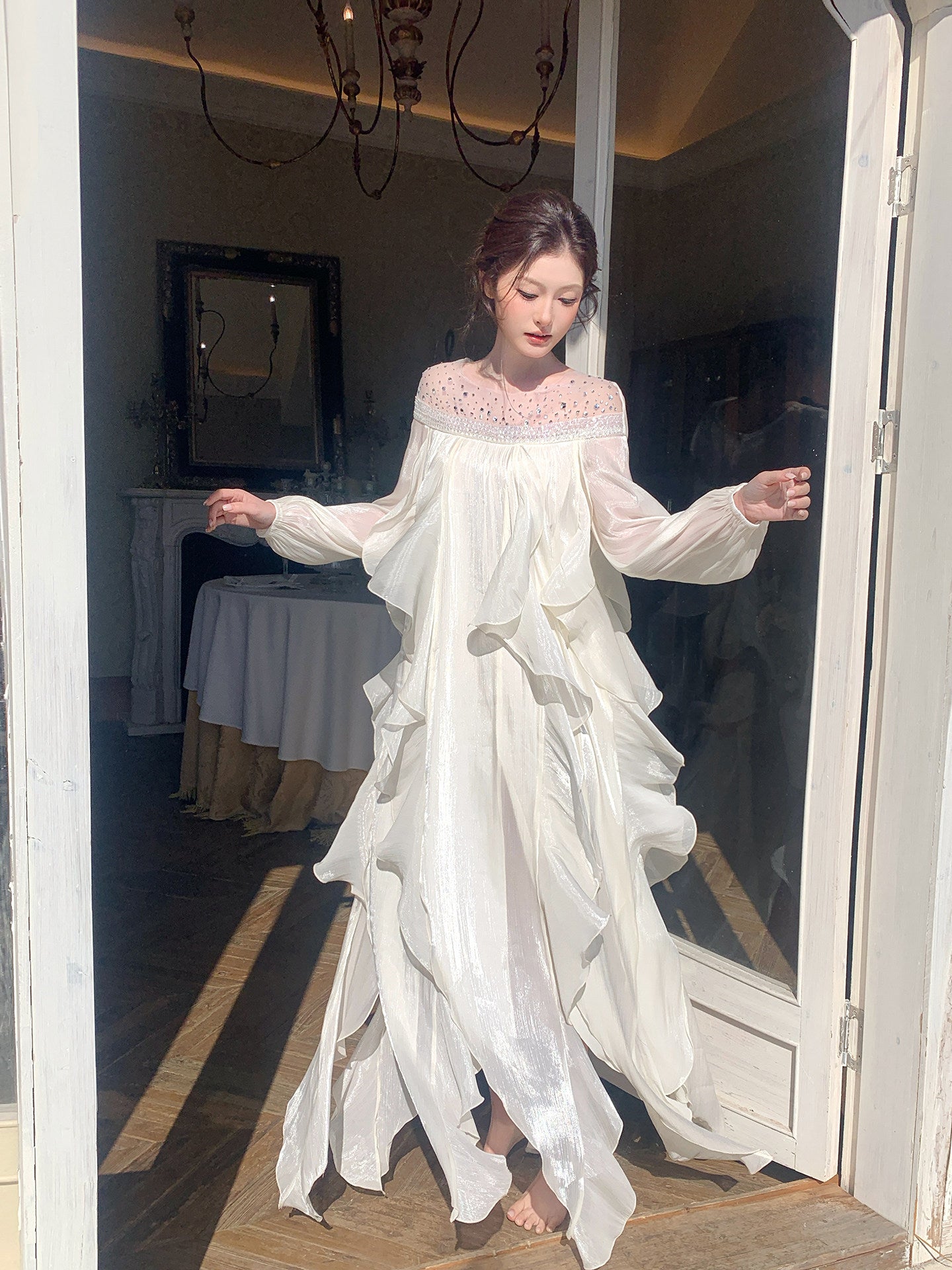 A Line Organza  Ruffled Dress  with Long Sleeves L47