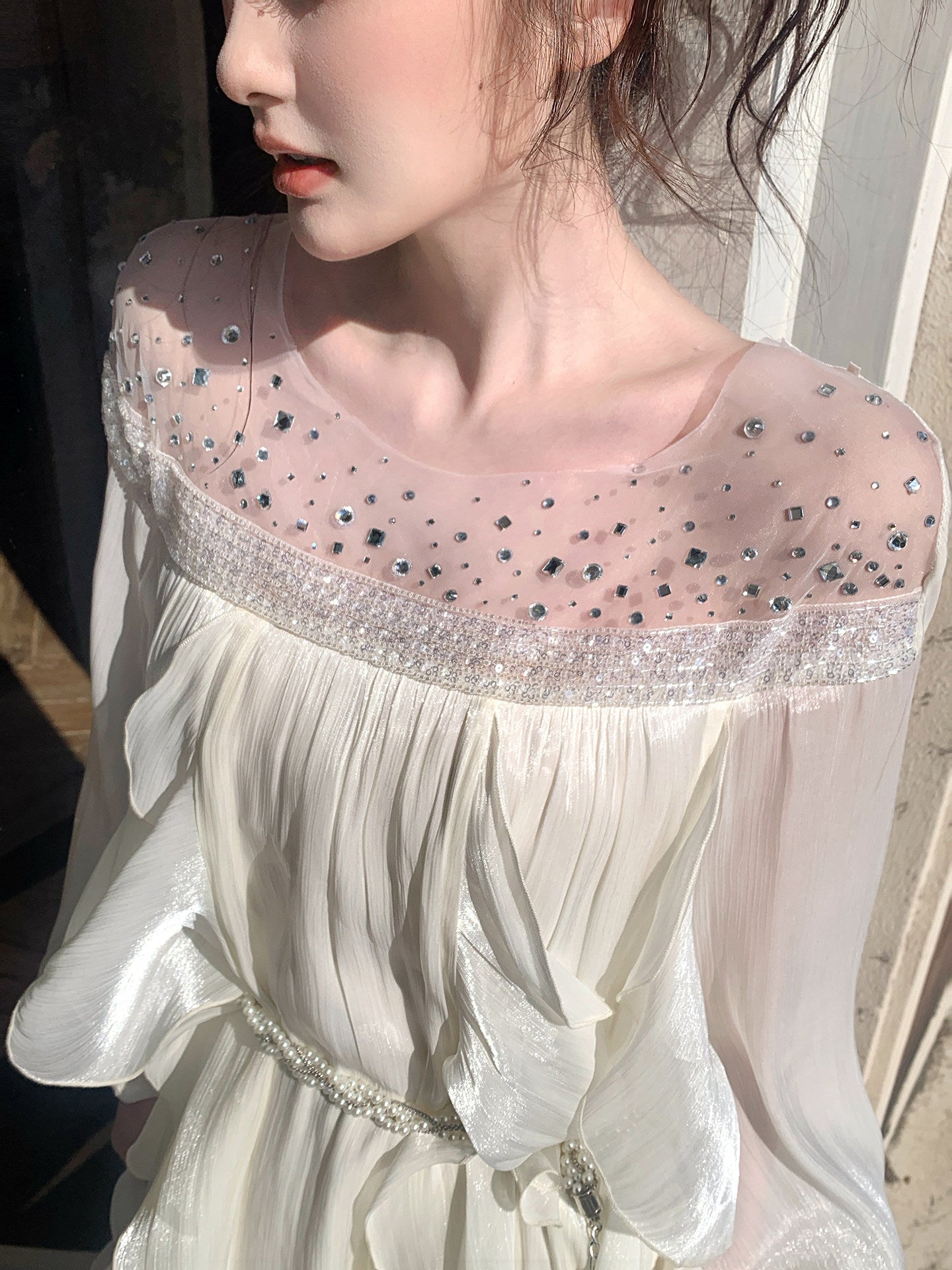 A Line Organza  Ruffled Dress  with Long Sleeves L47