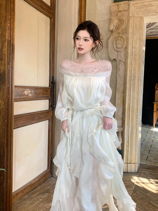 A Line Organza  Ruffled Dress  with Long Sleeves L47