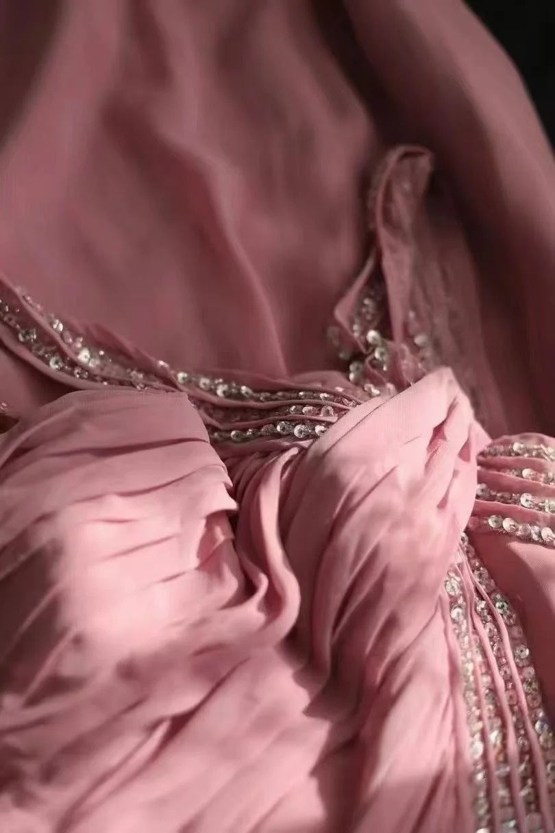 A Line Pink Chiffon Long Prom Dress Beaded Formal Wedding Guest Dress  P1721
