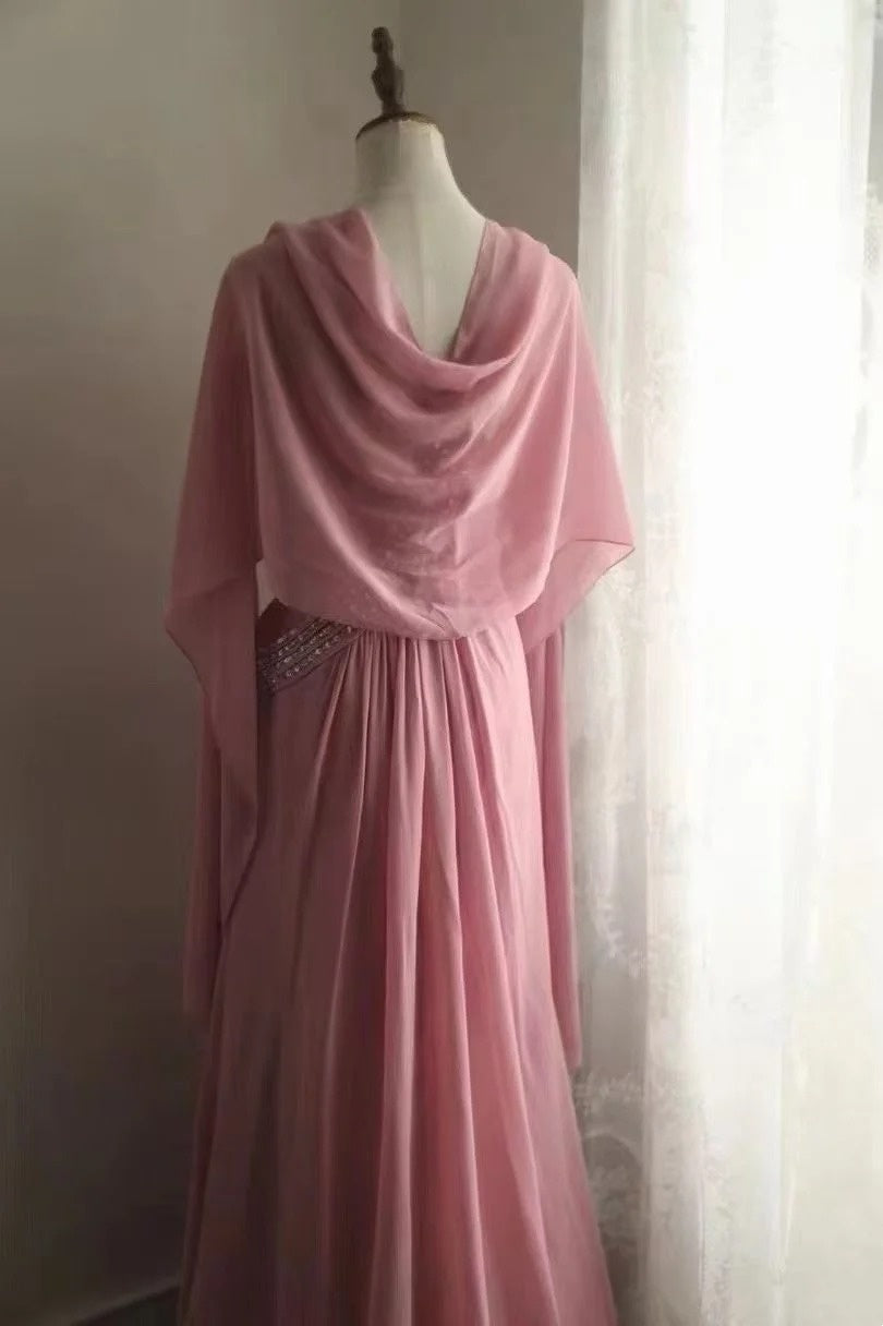 A Line Pink Chiffon Long Prom Dress Beaded Formal Wedding Guest Dress  P1721