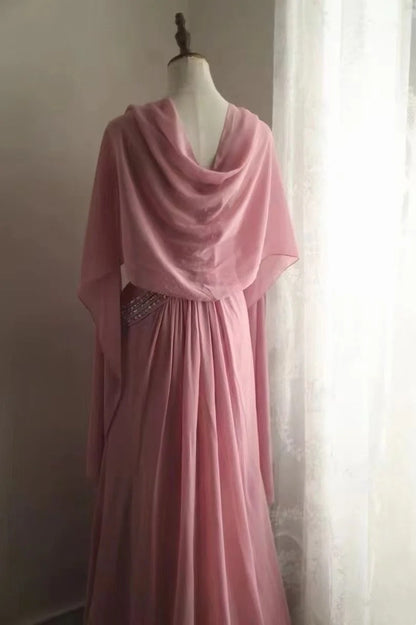 A Line Pink Chiffon Long Prom Dress Beaded Formal Wedding Guest Dress  P1721