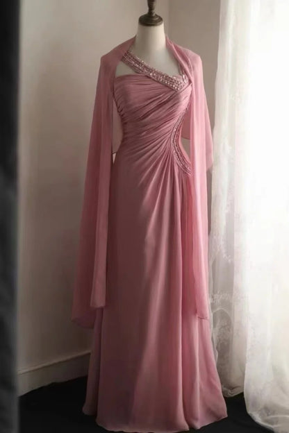 A Line Pink Chiffon Long Prom Dress Beaded Formal Wedding Guest Dress  P1721