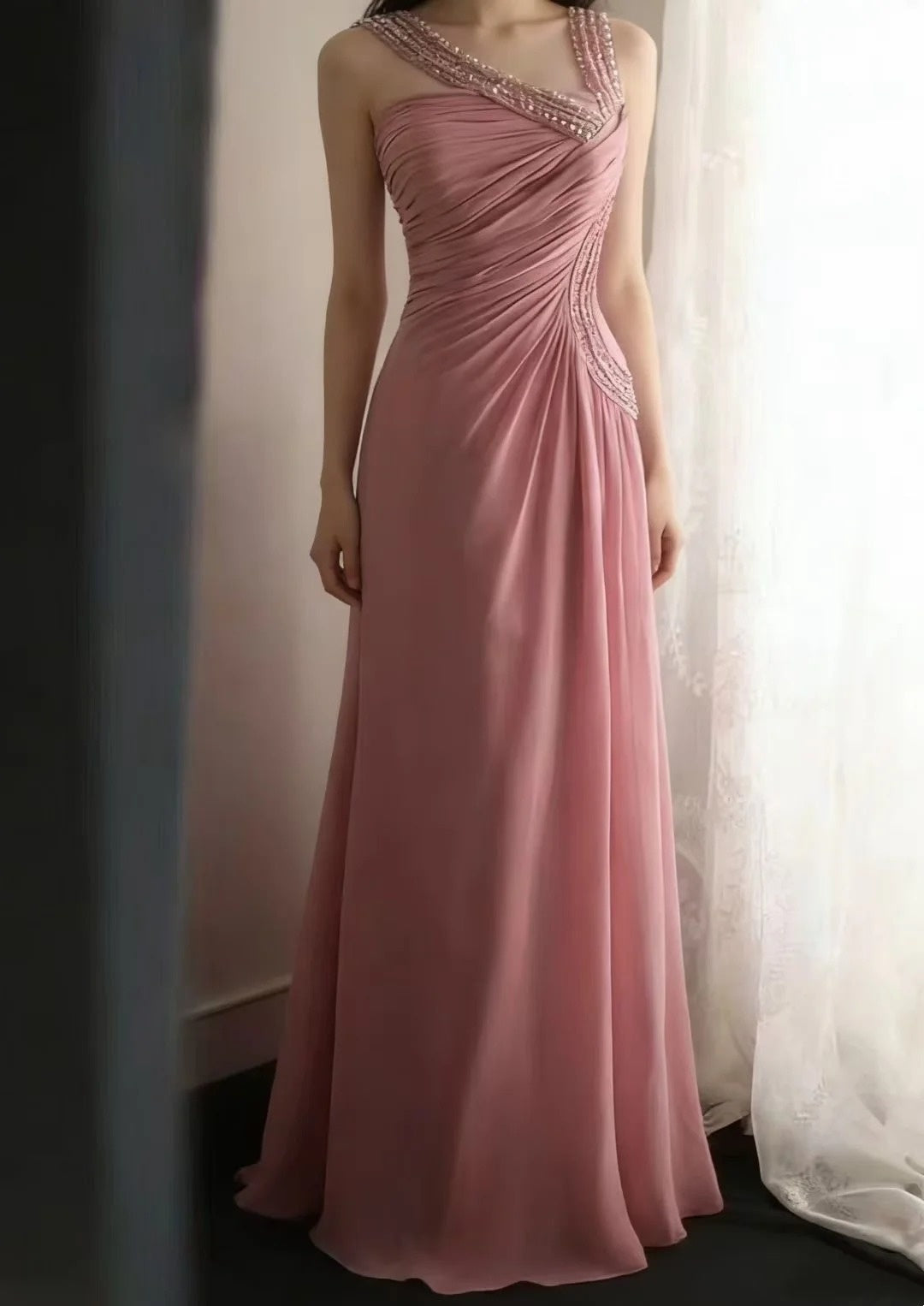 A Line Pink Chiffon Long Prom Dress Beaded Formal Wedding Guest Dress  P1721