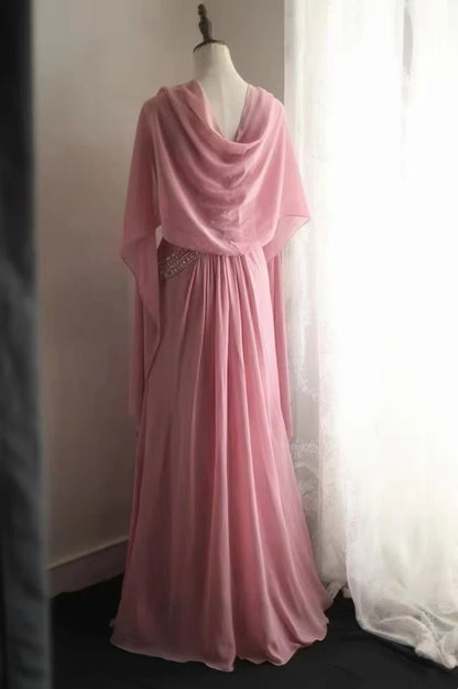 A Line Pink Chiffon Long Prom Dress Beaded Formal Wedding Guest Dress  P1721