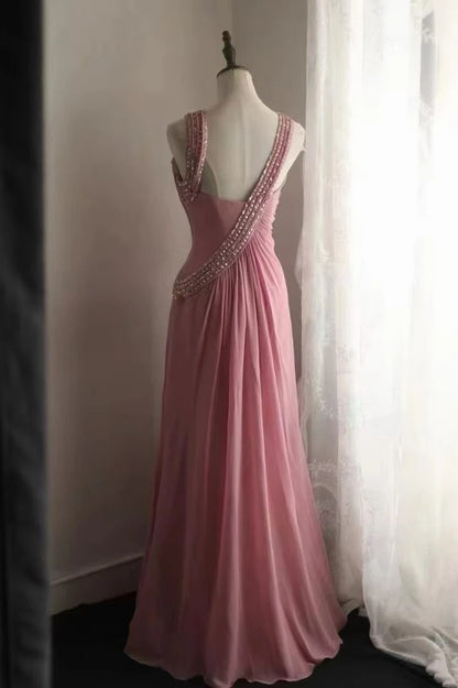 A Line Pink Chiffon Long Prom Dress Beaded Formal Wedding Guest Dress  P1721