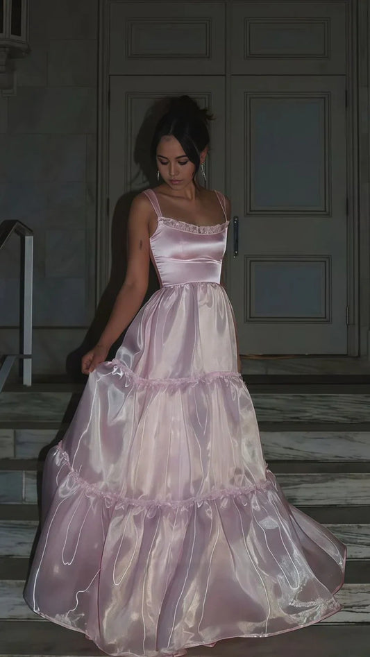 A Line Pink Organza Formal Prom Dress Bridesmaid Dresses Evening Gown  P712