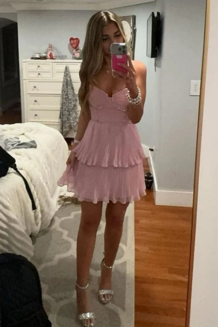 A Line Pink Pleated Homecoming Dress Chiffon Mini Cocktail Dress  P2154